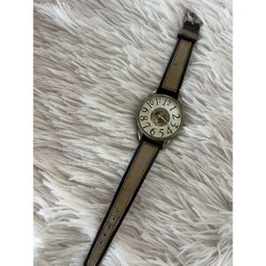 Gitano Skeleton Dial Watch Unisex‎ Brown Tan Leather Strap Vintage Needs Battery